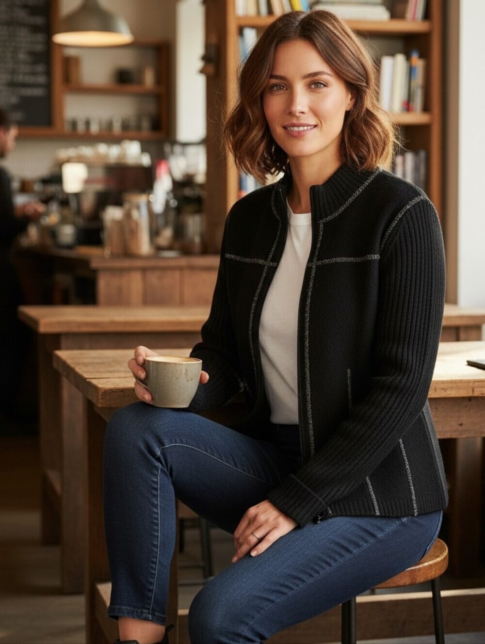 Point Zero Nicole Benisti Black Wool Blend Zip Up Sweater Cardigan
